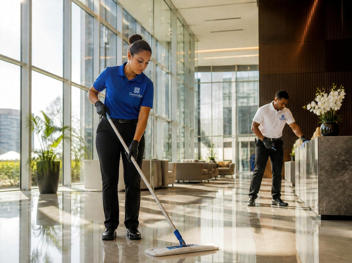 Profissionais da Gusmão realizando zeladoria em lobby de prédio corporativo